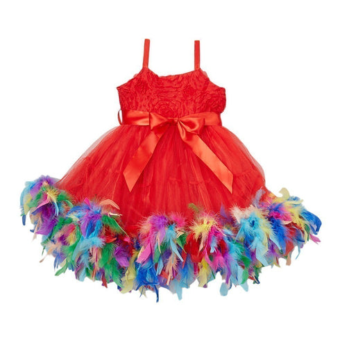 Girls Red Rainbow Color Feather Rosette Flower Girl Dress 12M-7 - SophiasStyle.com